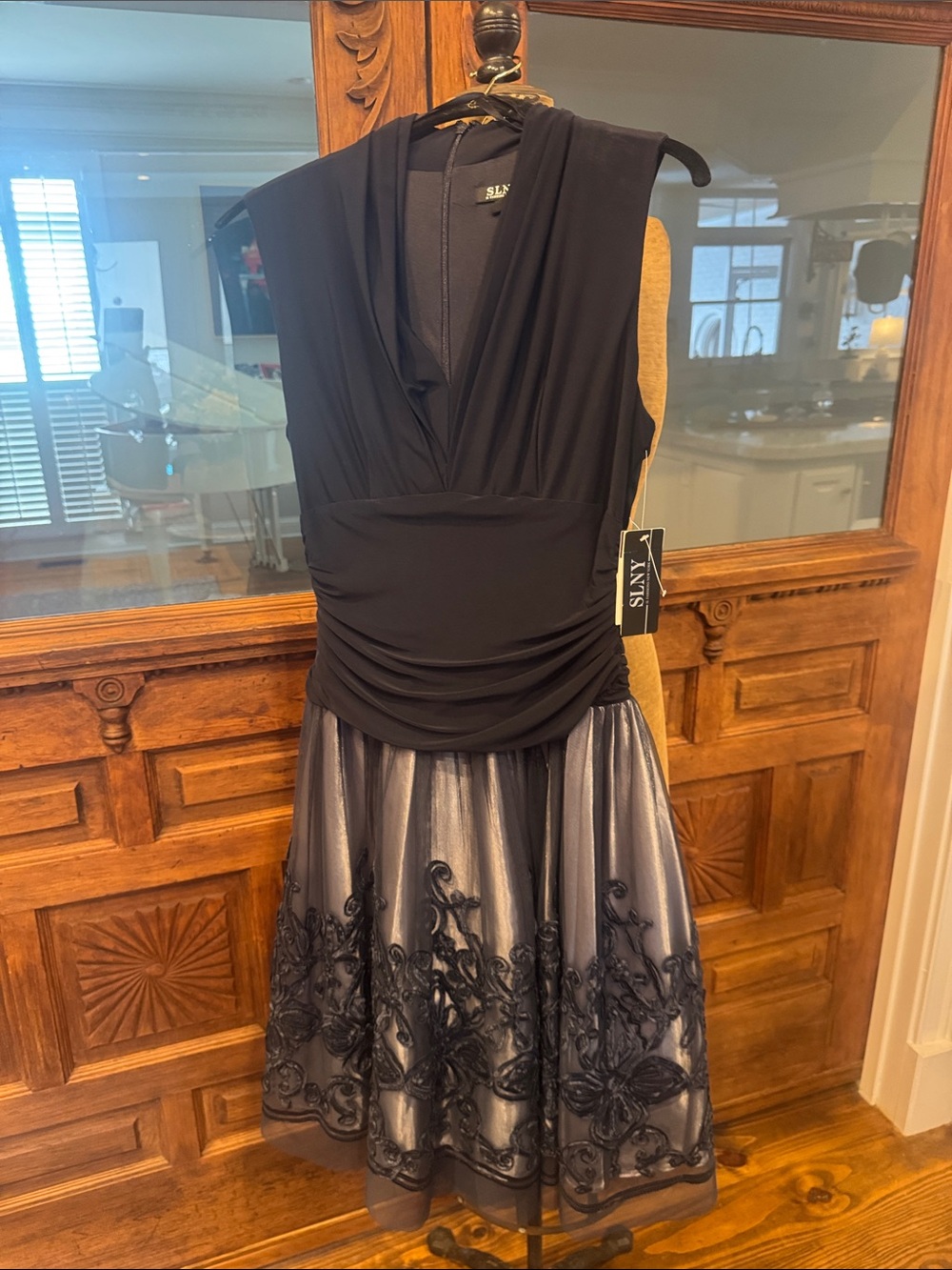 SLNY Navy Bodice with Silver Metallic Embroidered Midi Dress